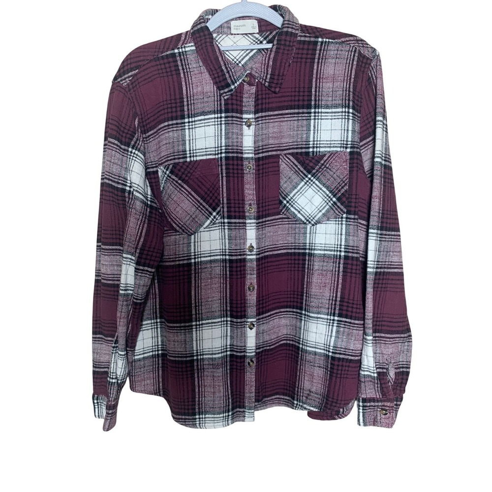 Maurices Flannel Button Down Women Large Burgundy Plaid Excellent Relaxed Fit - Picture 9 of 9
